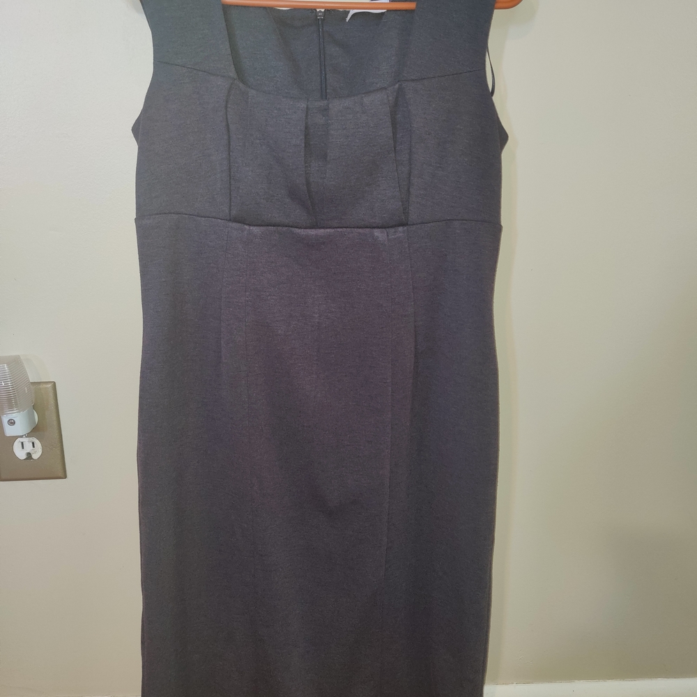 Calvin Klein Gray Sheath Midi Dress Square Neck Sleeveless Office Siren